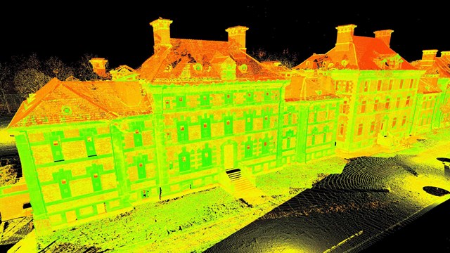 A laser scan of a building at Ellis Island.