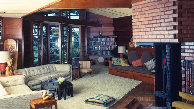 The living room of a mid-century modern home.