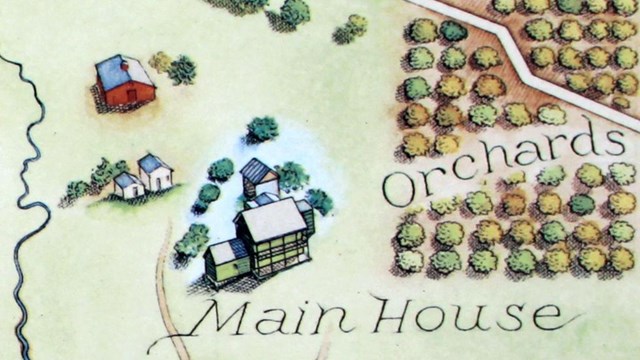 Historic map shows an farmhouse, orchard, fields, and a creek.