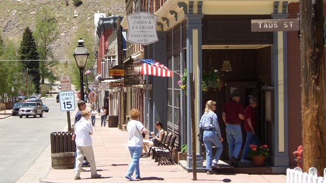 View of a downtown sidewalk in Georgetown, CO.