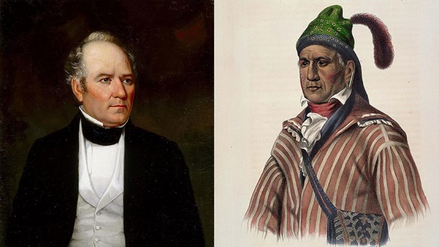 Portrait of Sam Houston on left, portrait of Menawa on right