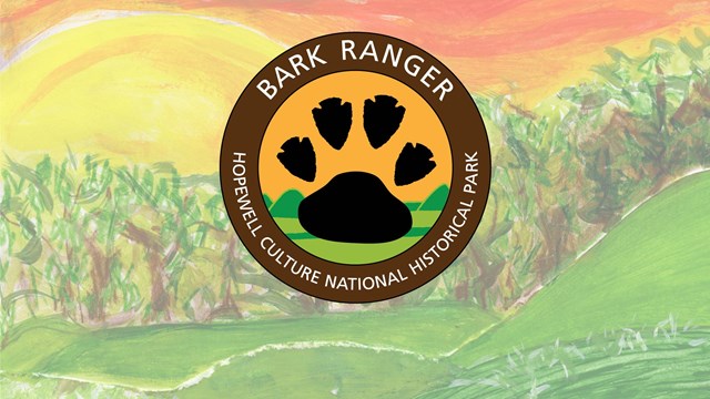 A colorful artistic painting of mounds in the background with a patch text reading BARK RANGER