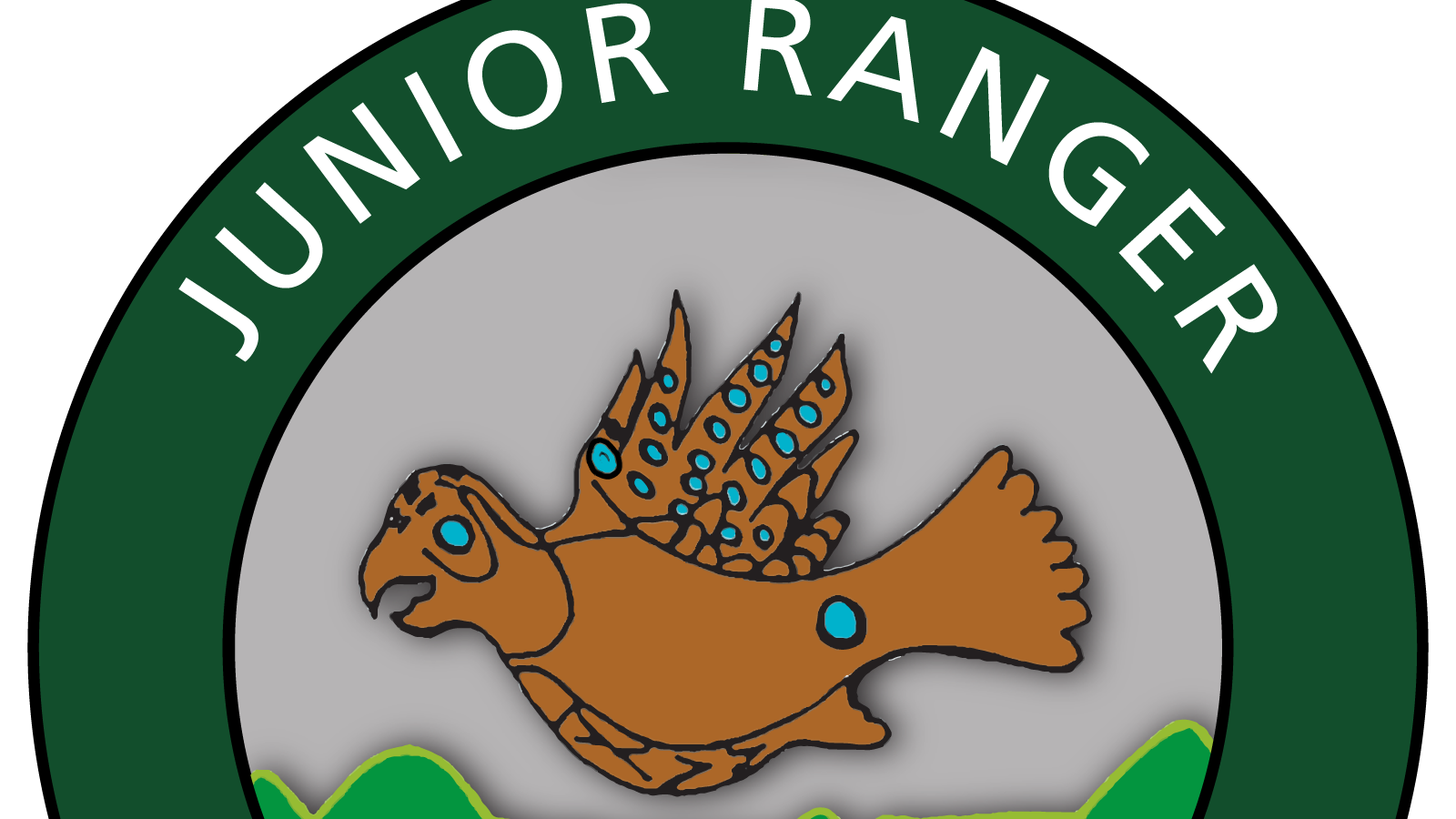 Caricature artwork of copper bird on top of junior ranger logo
