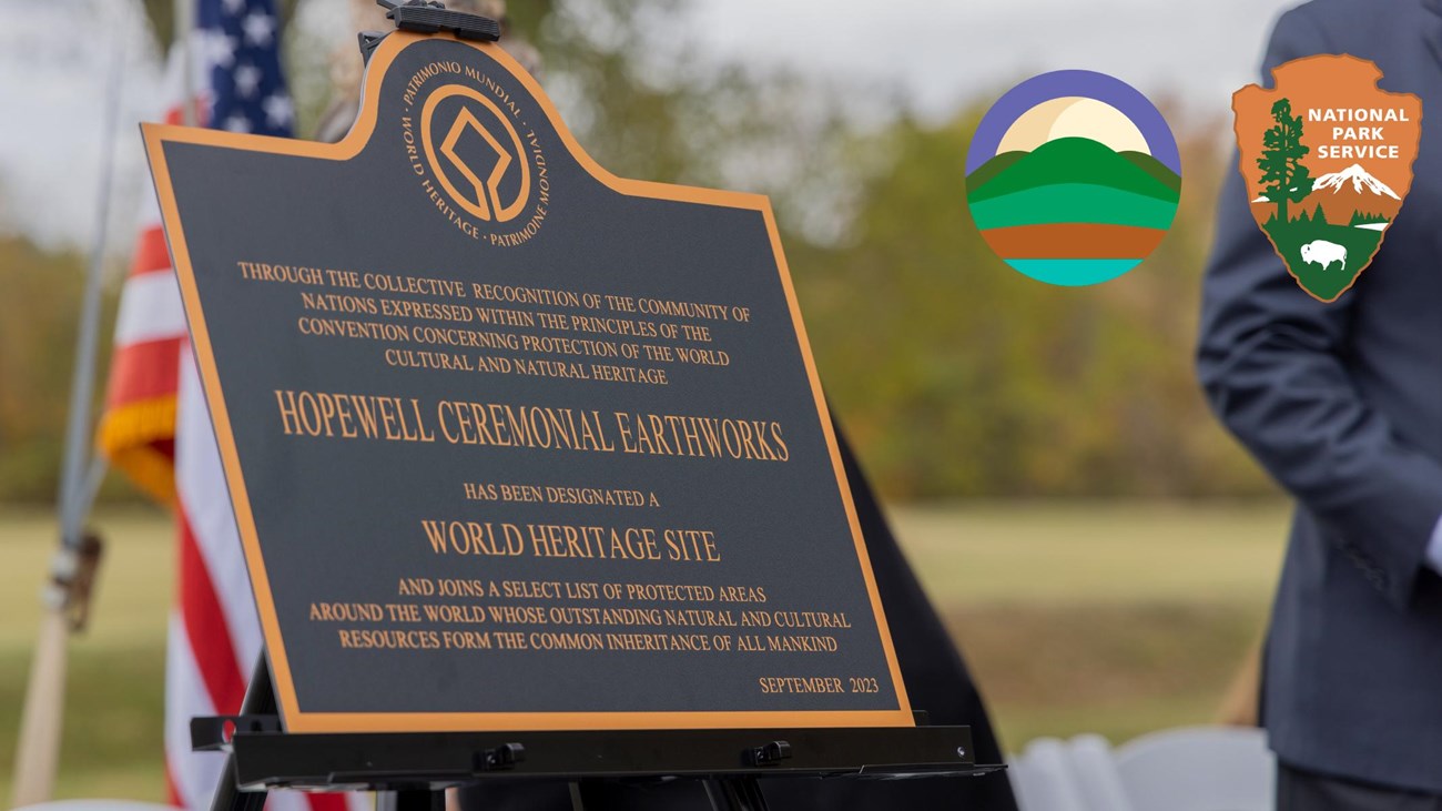 Logos for the Hopewell Ceremonial Earthworks and the National Park Service arrowhead on top right