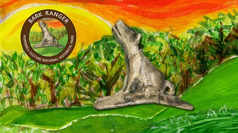 A stone effigy pipe of a dog and a colorful artistic painting of mounds in the background