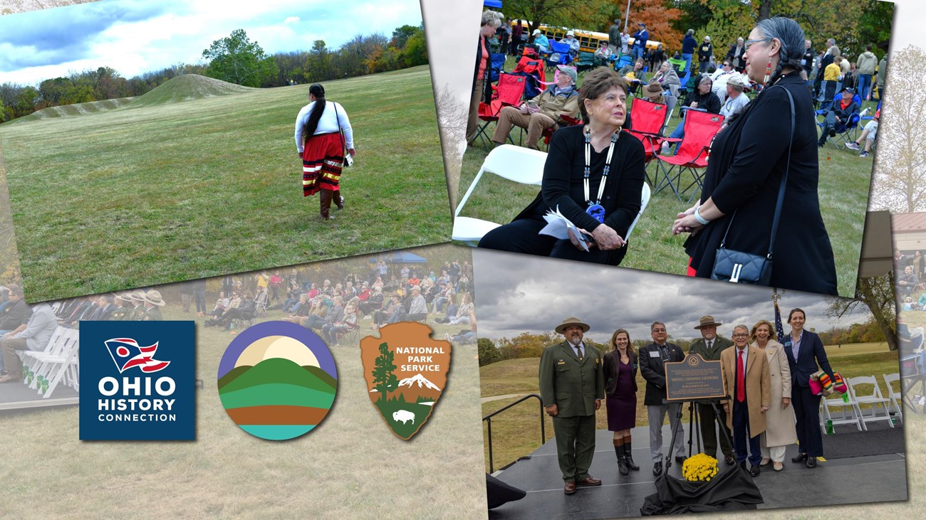 Collage of photos from an outdoor event with logos for NPS, OHC and Hopewell Ceremonial Earthworks