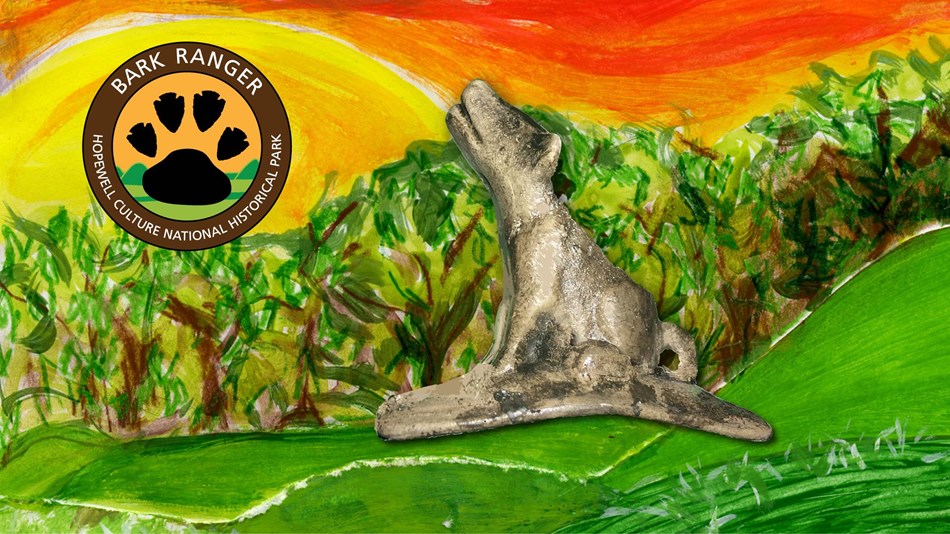 A stone effigy pipe of a dog and a colorful artistic painting of mounds in the background