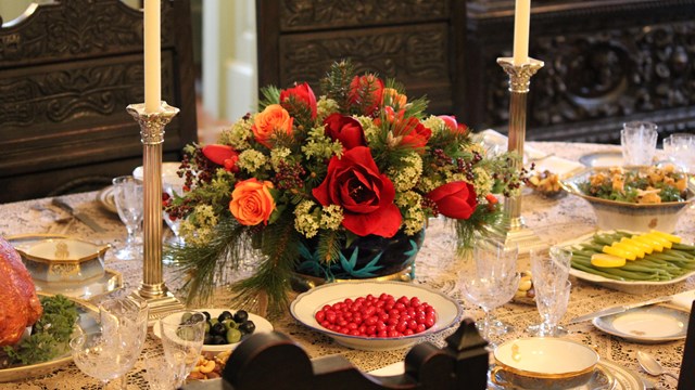 The Roosevelt dining table set for a formal holiday meal. 