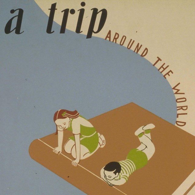 An illustrated poster of two children flying on a book.