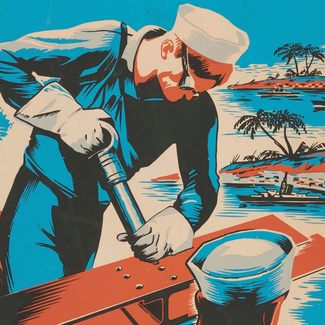An illustrated poster of two navy men working on a ship.