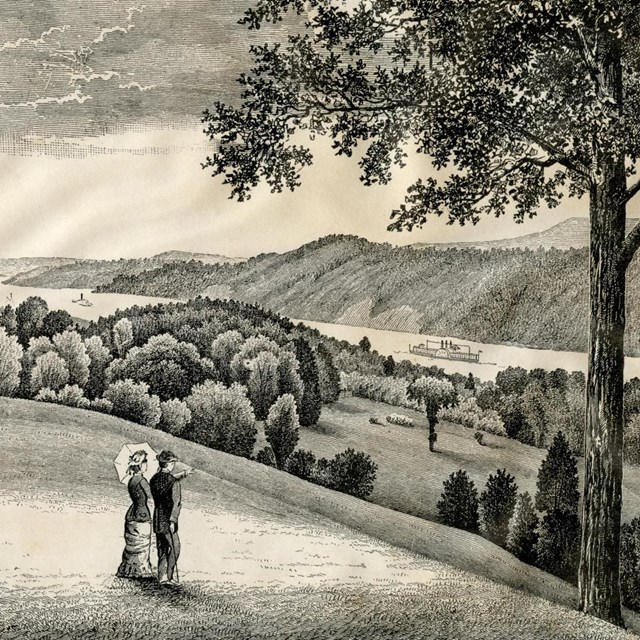 An engraving of two figures on a hill looking at a distant view.