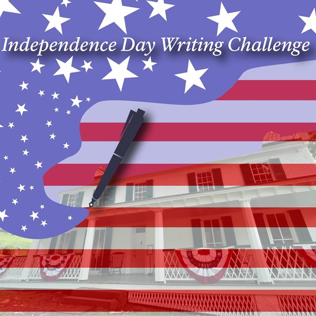 A graphic image of a white house behind red and white strips, an illustrated pen with stars