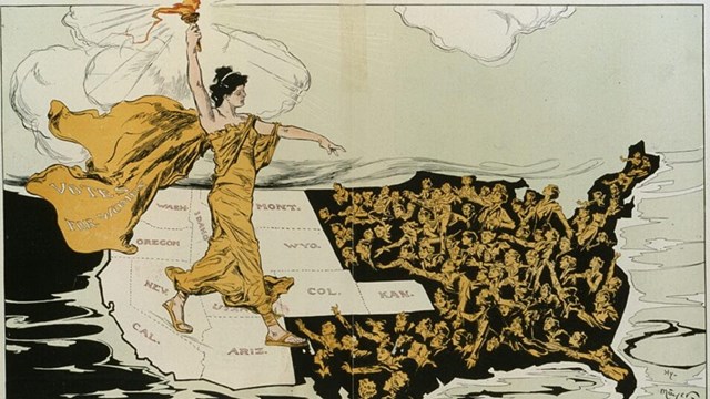 Suffragist holds torch over Western states where women can vote beckoning the struggling women in Ea