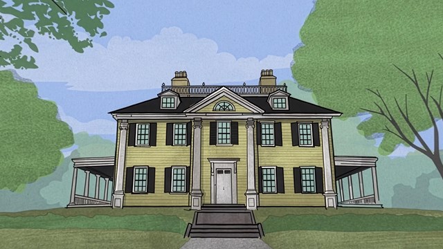 Illustration of a large 3-story plantation style house with lots of columns and trees.