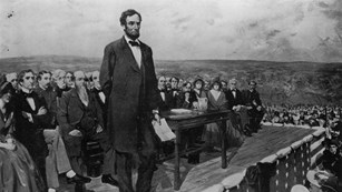 President Lincoln at Gettysburg in front of a crowd