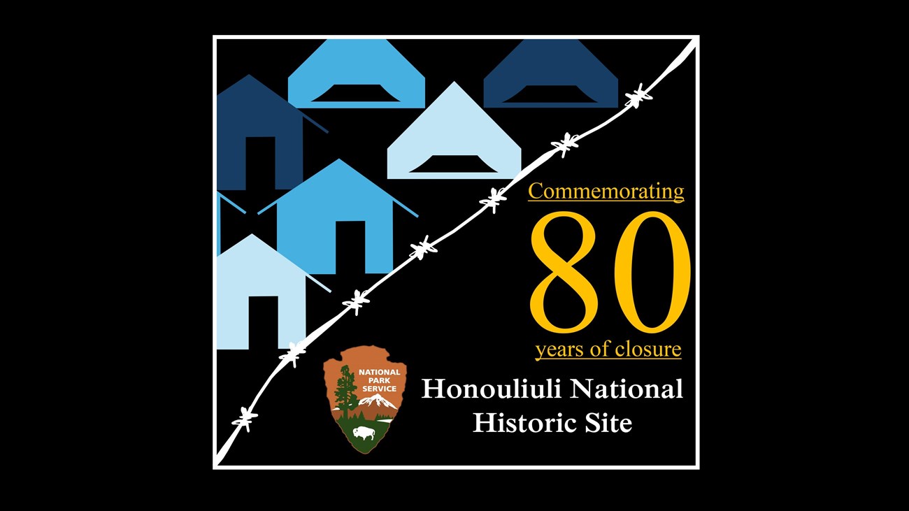 A series of blue barracks and tents cut off by white barbed wire with text about the 80th.