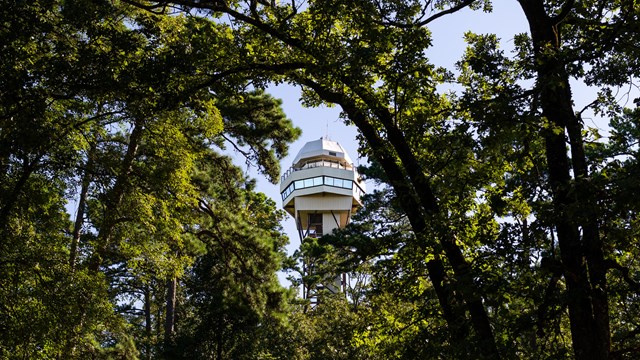 The Mountain Tower at sunset with run rays shining through and around the structure.