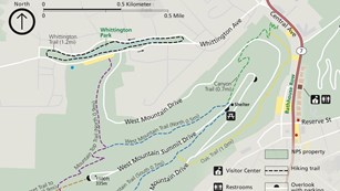 Map of West Mountain trails outlining length, trail heads, and routes.