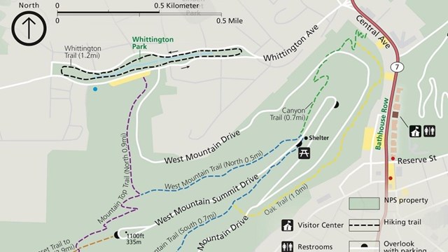 Map of West Mountain trails outlining length, trail heads, and routes.