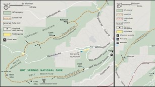 Map outlining the entire route of the Sunset Trail through West, Sugarloaf, and North Mountains.