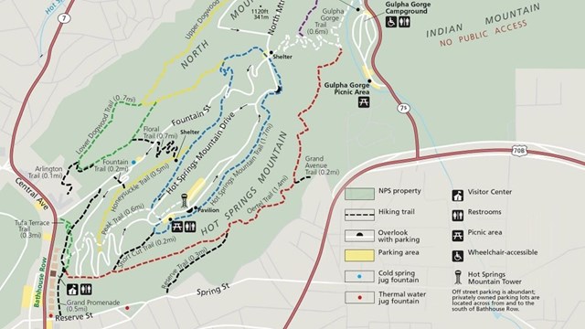 Overview map of trailheads, lengths, and routes of trails along Hot Springs Mountain.