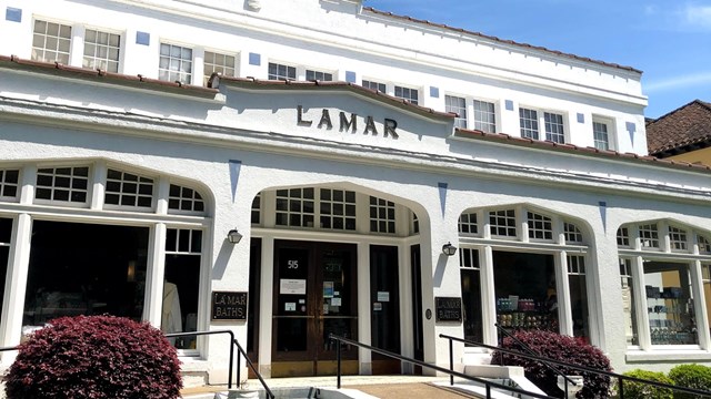 The Lamar Bathhouse, as seen from walking south down Bathhouse row.