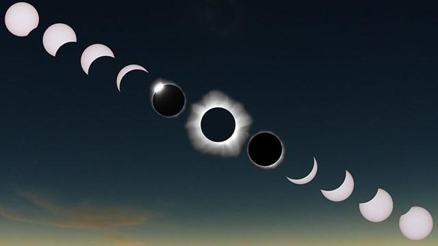 Phases of a solar eclipse from full to eclipsed and back streak diagonally across the sunset sky.