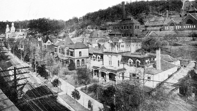 A black and white view at downtown Hot Springs in the early 1900s.