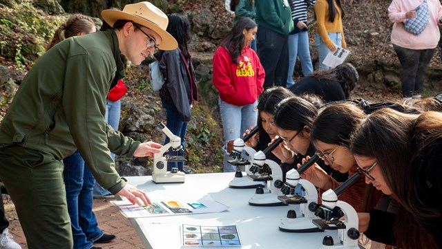 A tall ranger stands at a table with kids looking through microscopes.