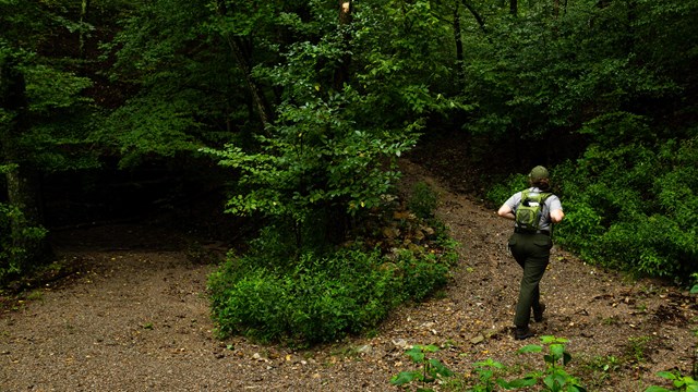 A female ranger walks up a curved trail.
