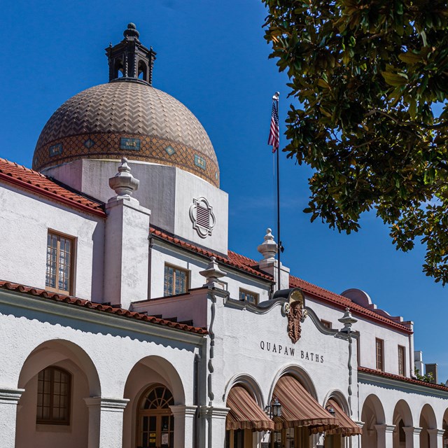 A view of the Quapaw with its large and ornate dome as seen from the Row.