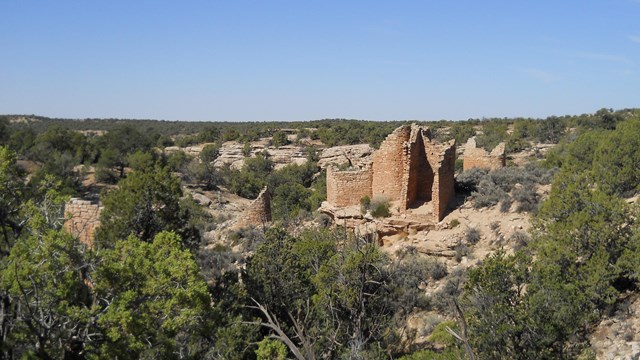 remains of a large stone structure on a cliff, surrounded by trees