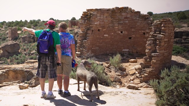 two people with a dog look at a stone structure