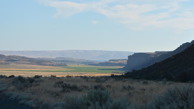Shadowed forground gives way to sun lit coulee in the distance