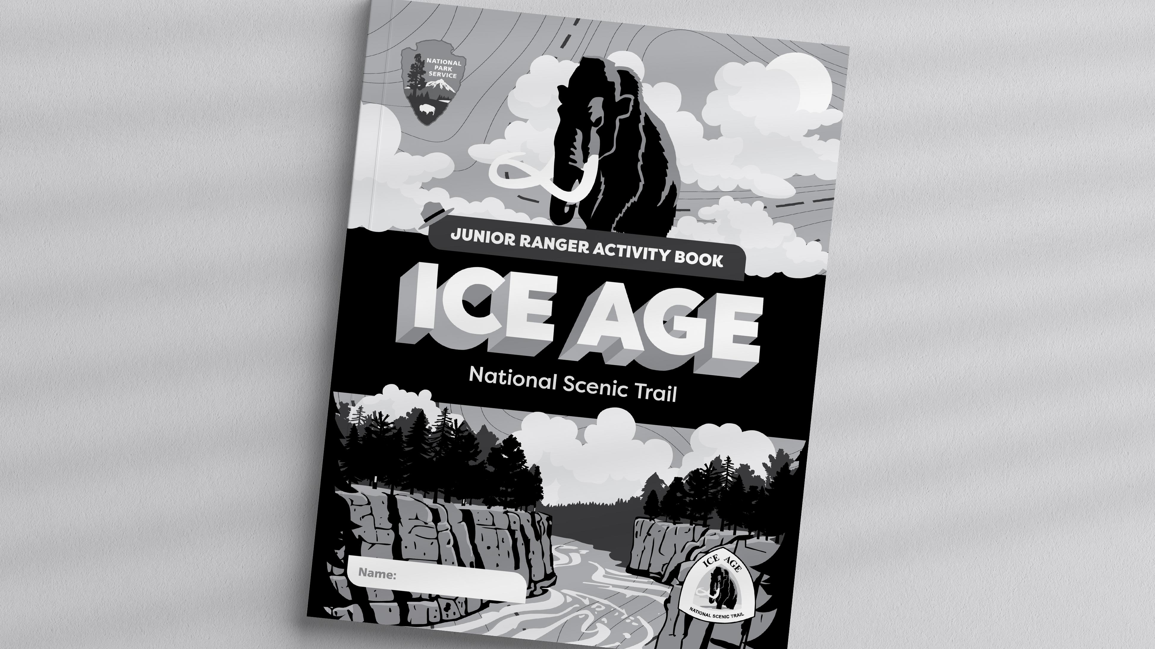 Photograph of Ice Age Junior Ranger Booklet cover in black and white.