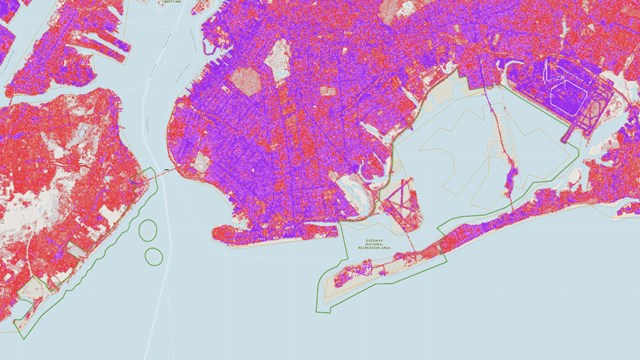 Impervious surfaces map of the area around Gateway National Recreation Area.