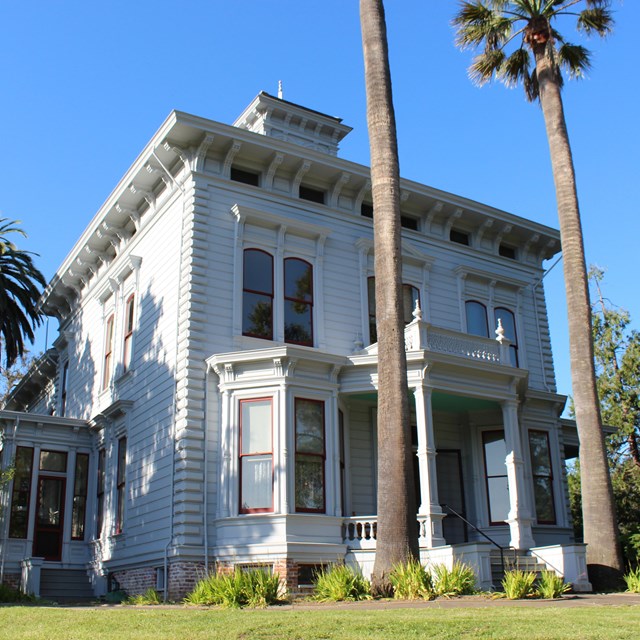 white, two floor wooden house with two tall pal trees in front