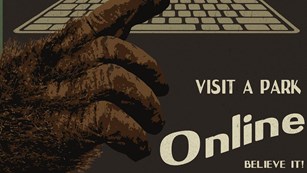 Sasquatch hand touching a laptop with text reading "Your Parks. Visit a Park Online. Believe It."