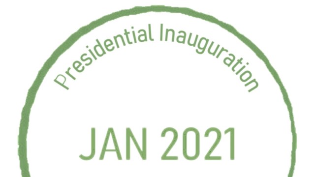 Passport cancellation stamp with text reading "Presidential Inauguration Jan 2021 Virtual Visitor"