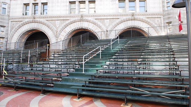 Event bleachers set up in front of a building