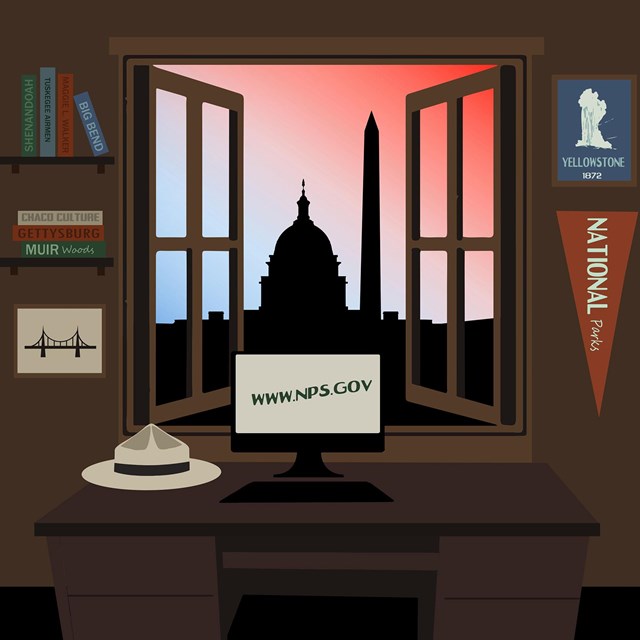 Illustration of a desk with park-related items looking out a window at a cityscape