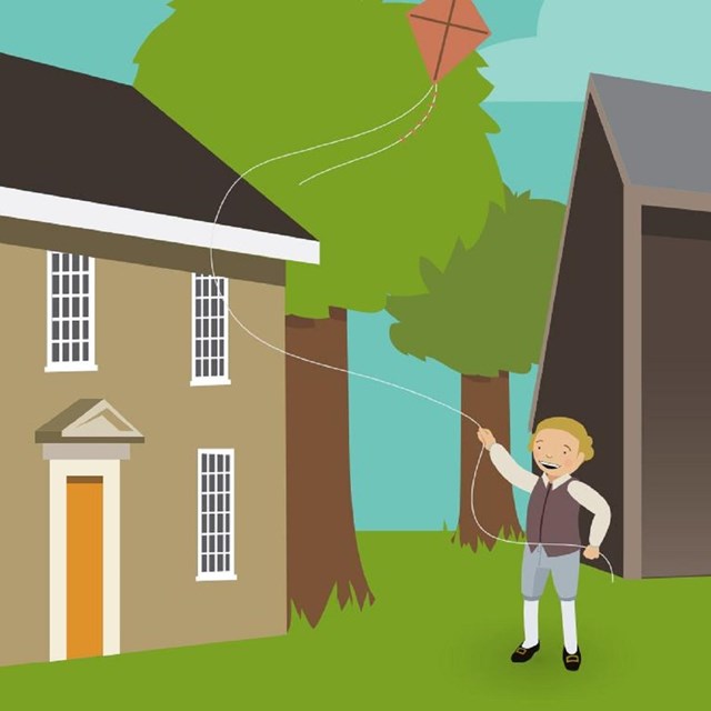 Illustration of a colonial era kid flying a kite outside of a house