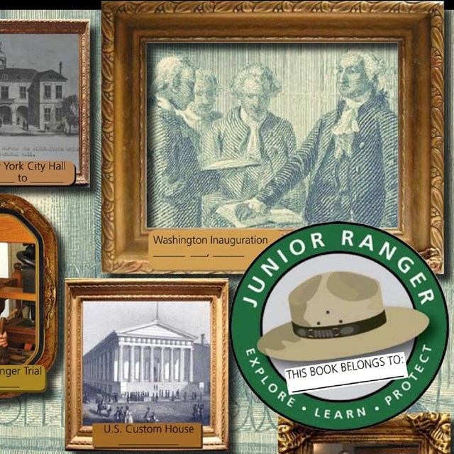 Collection of historic photos and Junior Ranger logo on a book cover
