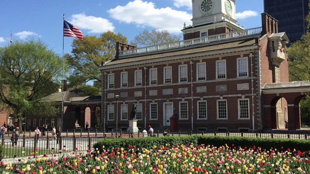 Color photo showing a garden of tulips in the foreground with Independence Hall visible behind.