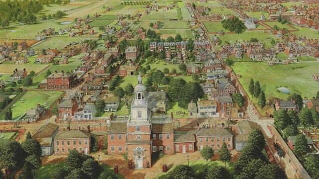 painting of an aerial view looking north towards the State House