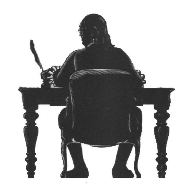 Black and white illustration of a silhouette of a man seated at a table with a quill pen.