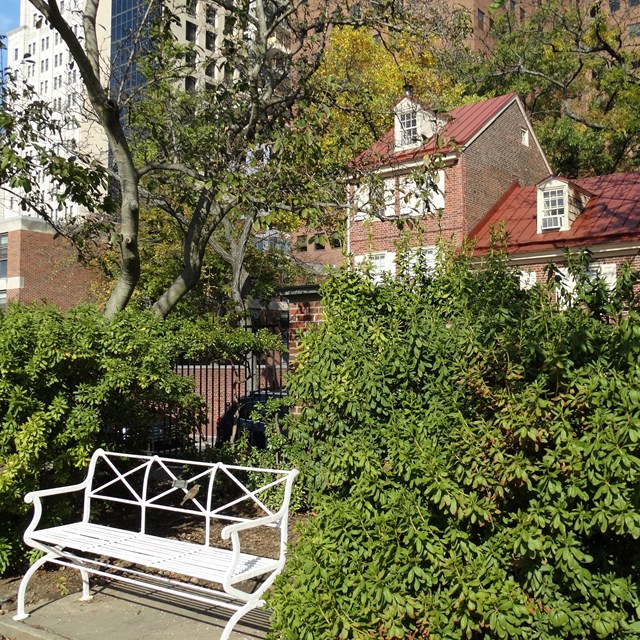 Color photo of white bench surrounded by foliage and a brick house in the background. 