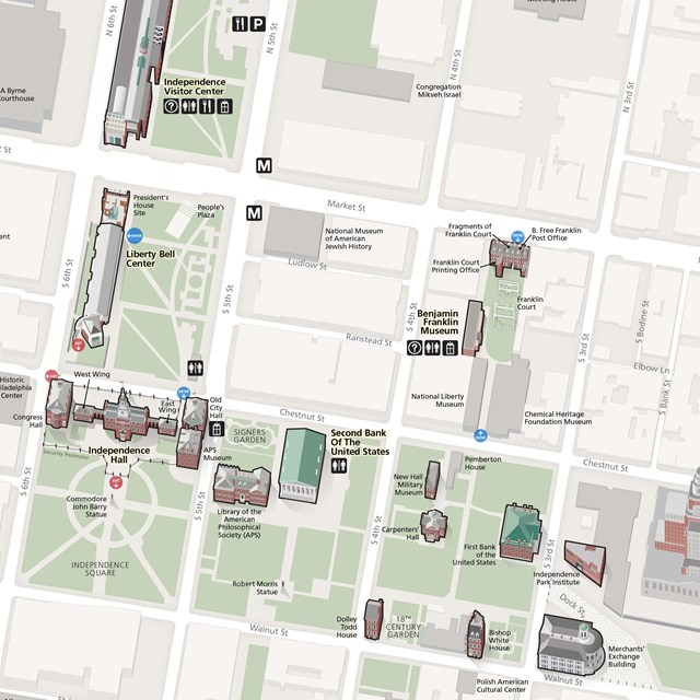 Color image of a map of the park showing illustrated buildings on the city's grid street pattern.