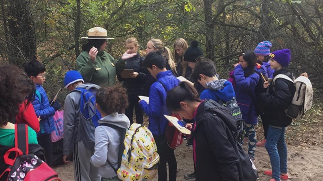 National Park Service ranger in a jack pine forest with a group of students