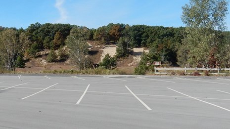 Empty parking lot of West Beach with large tree covered dunes along the horizon.